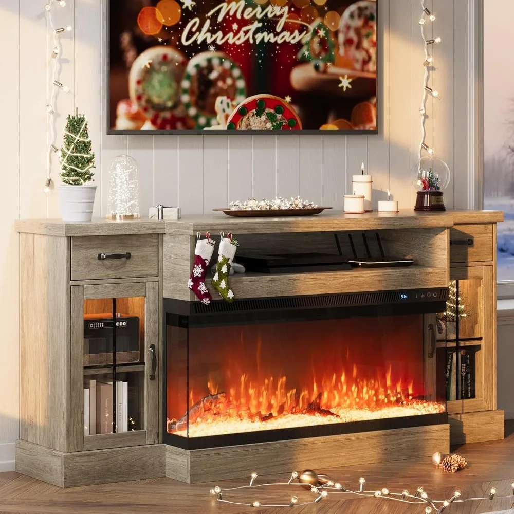 Farmhouse Fireplace TV Stand with 40" Electric Fireplace for 80" TV, 70" Entertainment Center with Adjustable Stor