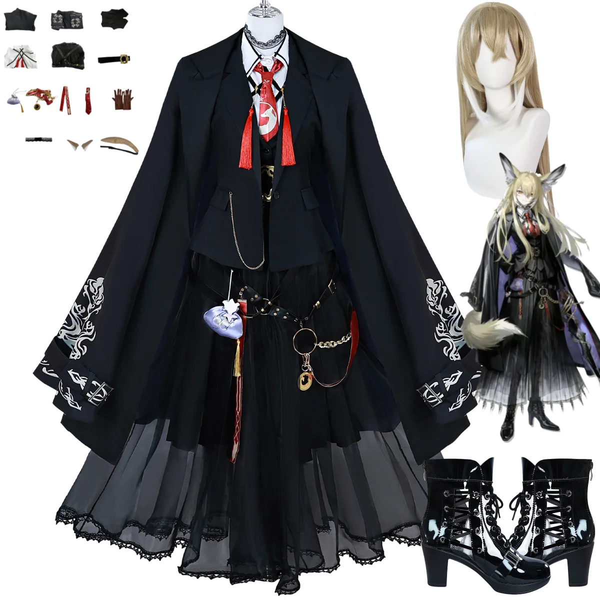 Anime Spiel Arknights Operator Vulpisfoglia Cosplay Kostüm Perücke Schwarz Garn Rock Mantel Mantel Set Schuh Frau Sexy Karneval Anzug