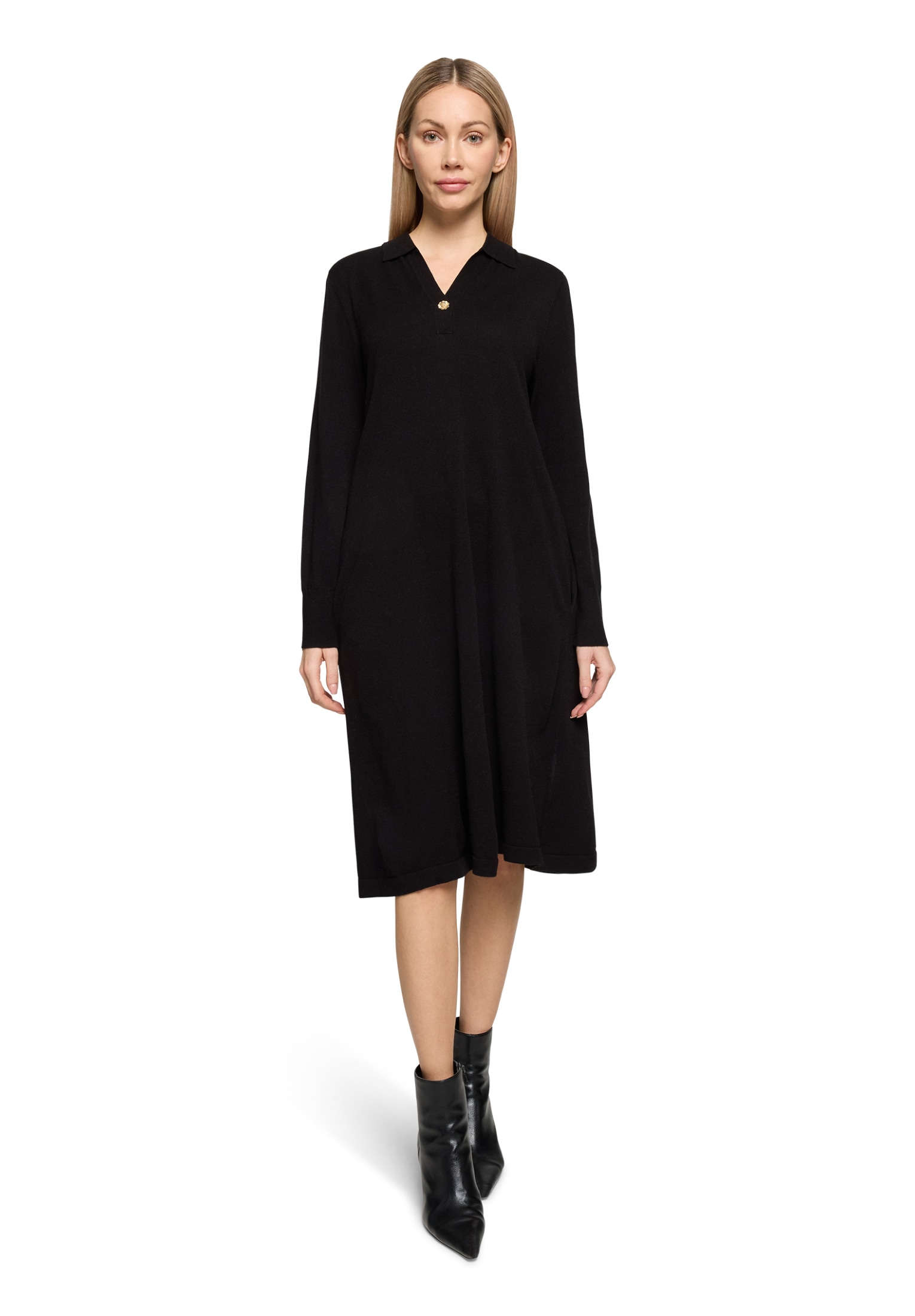 Strickkleid CARTOON "Damen mit Kragen", Damen, Gr. 42, Normalgrößen, schwarz, Obermaterial: 42% Polyacryl, 30% Polyester, 21% Polyamid, 7% Wolle, ausgestellt lang, V-Ausschnitt, Kleider Strickkleid