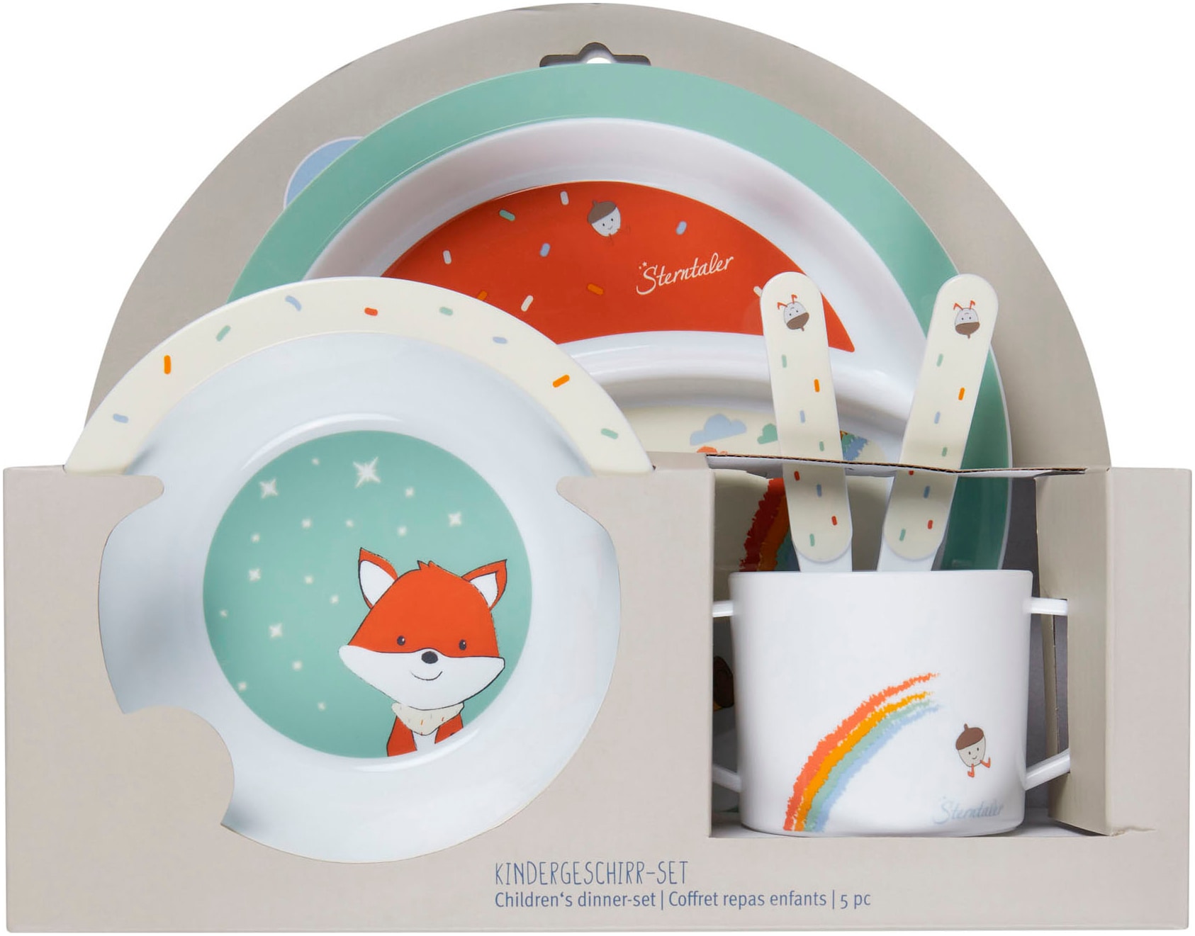 Kindergeschirr-Set STERNTALER "Fuchs Filou, rund", Baby, Gr. 5 Stk., steingrün, Polypropylen, Motiv, Geschirr-Sets