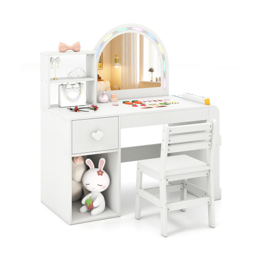 Costway Kids Vanity Table and Chair Set with Lighted Mirror for Kids Aged 3+ Years Old-White