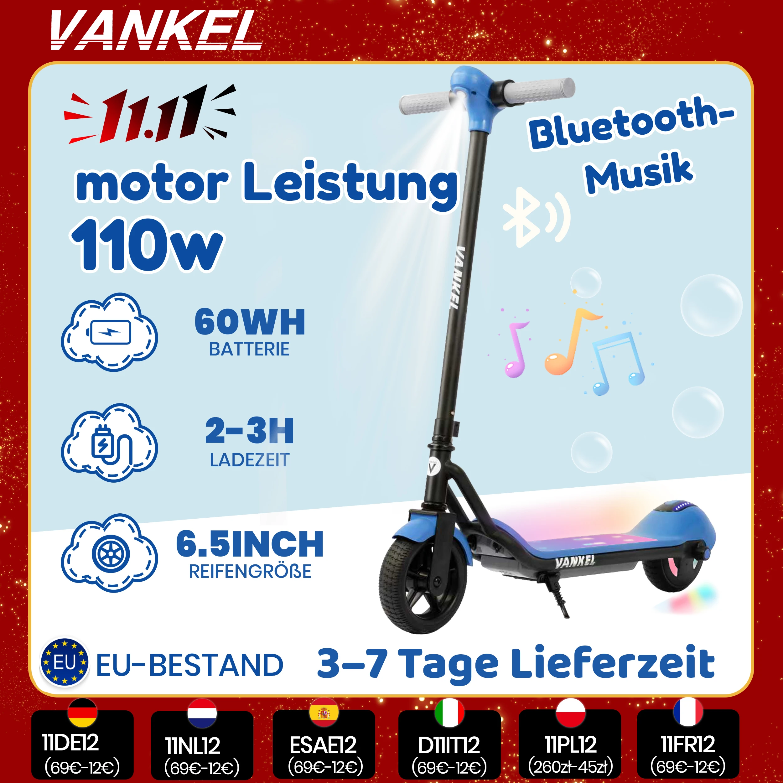 Vankel Trottinette Électrique 6,5 Pouces avec Bluetooth, Lumières Arc-en-ciel Enfants Trottinette Bleue, 8–10Km Autonomie, Écran LED Voiture Électrique pour Enfants