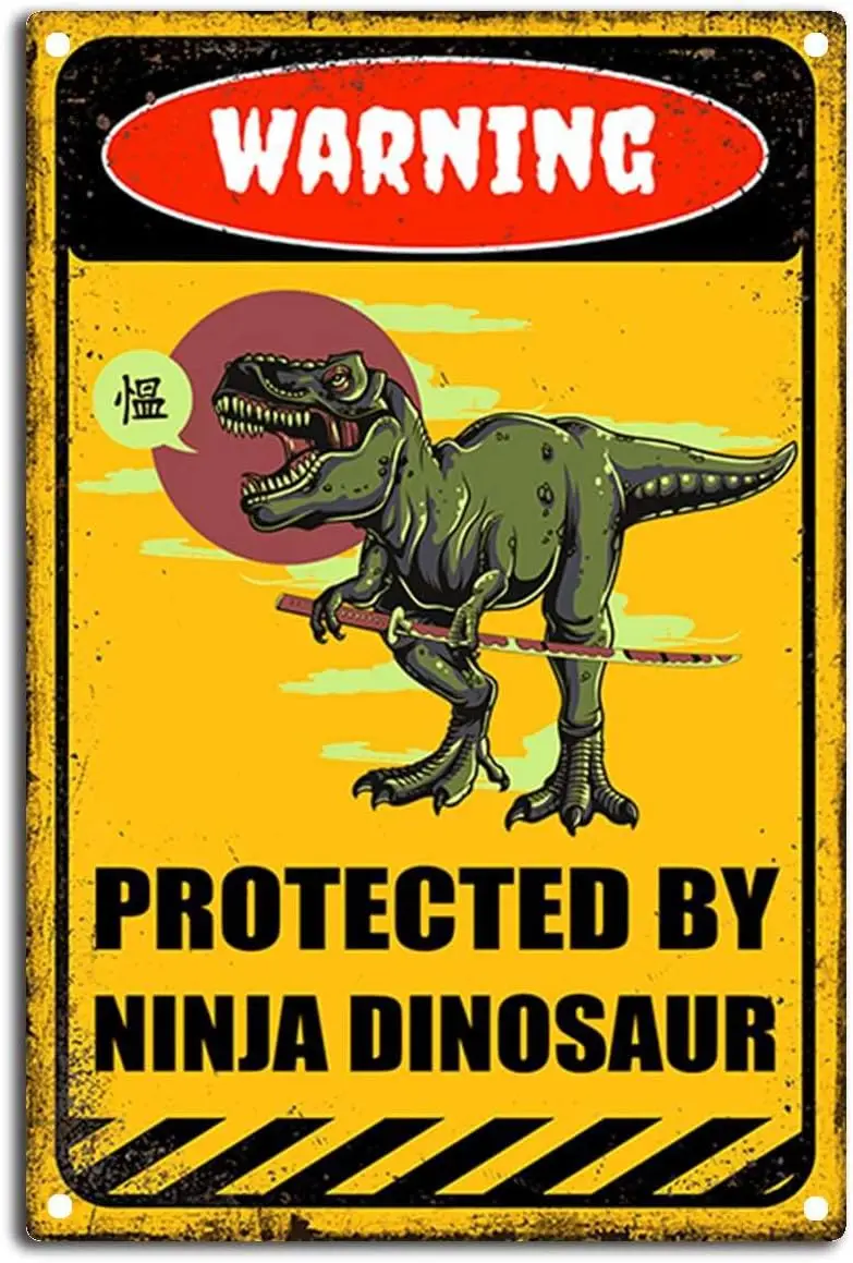 Retro-Warn-Blechschild, lustiges dekoratives Schild, Heim- und Außendekoration – geschützt durch Dinosaurier – Blechschild Image