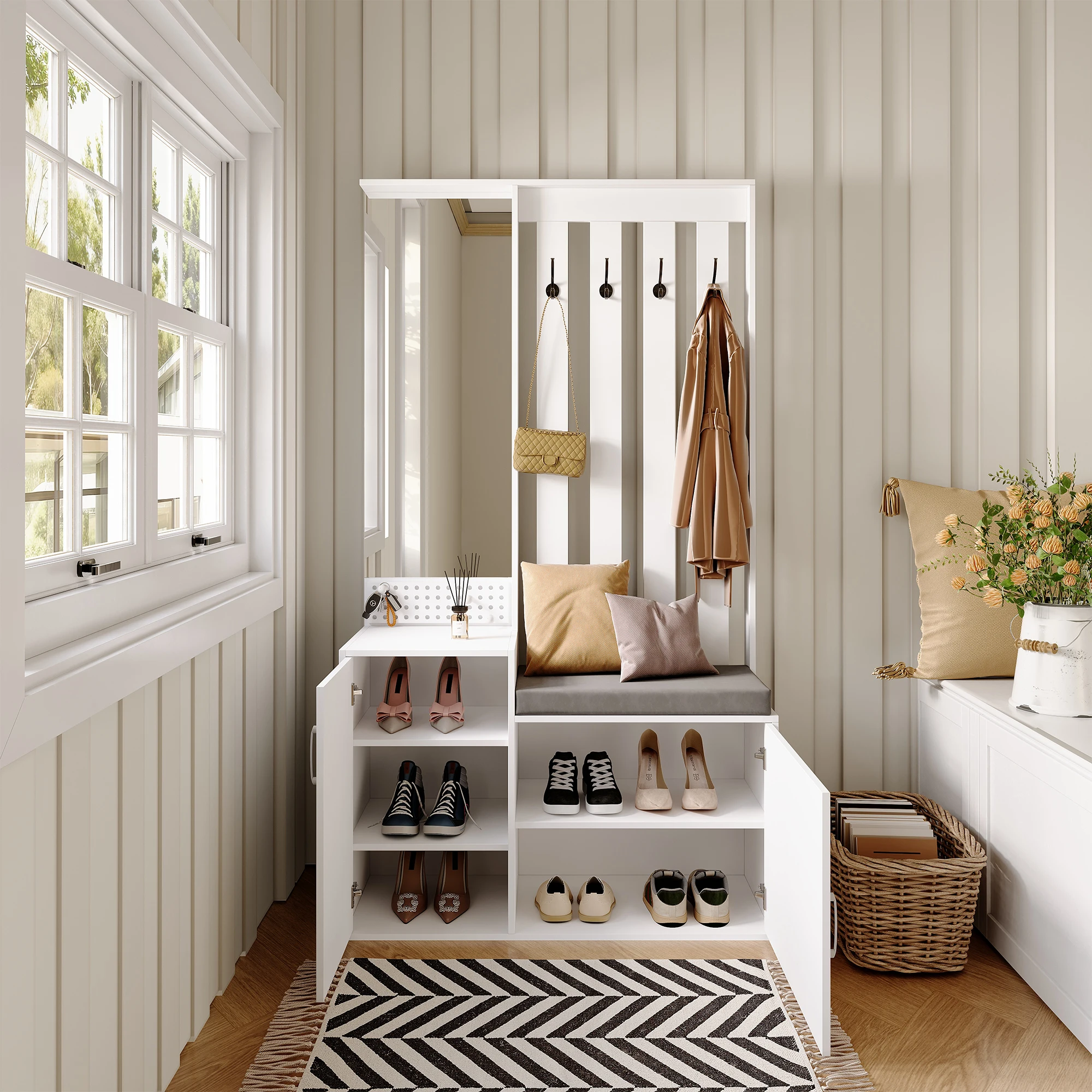 Rosahqnda 6-in-1 Garderobenset mit Spiegel, Schubladen, Haken, multifunktionalem Flur-Schuhschrank und abnehmbarem Sitzkissen