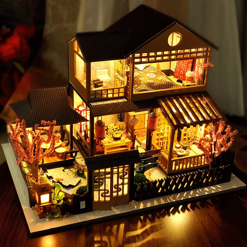 DIY Holz Miniatur Puppenhaus mit Möbel Licht Kit Puppenhaus Casa Miniatur Zubehör handgemachte Holz Spielzeug Weihnachtsgeschenk