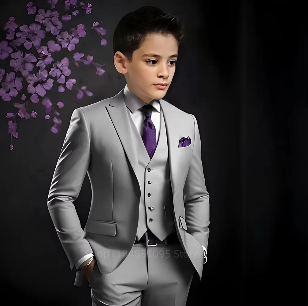 Graue Jungenanzüge für Hochzeit, Smoking, 3-teilig, Jacke, Weste, Hose, spitzes Revers, Blazer, Kinderanzug-Set für Party, Schule, Aktivitäten Image