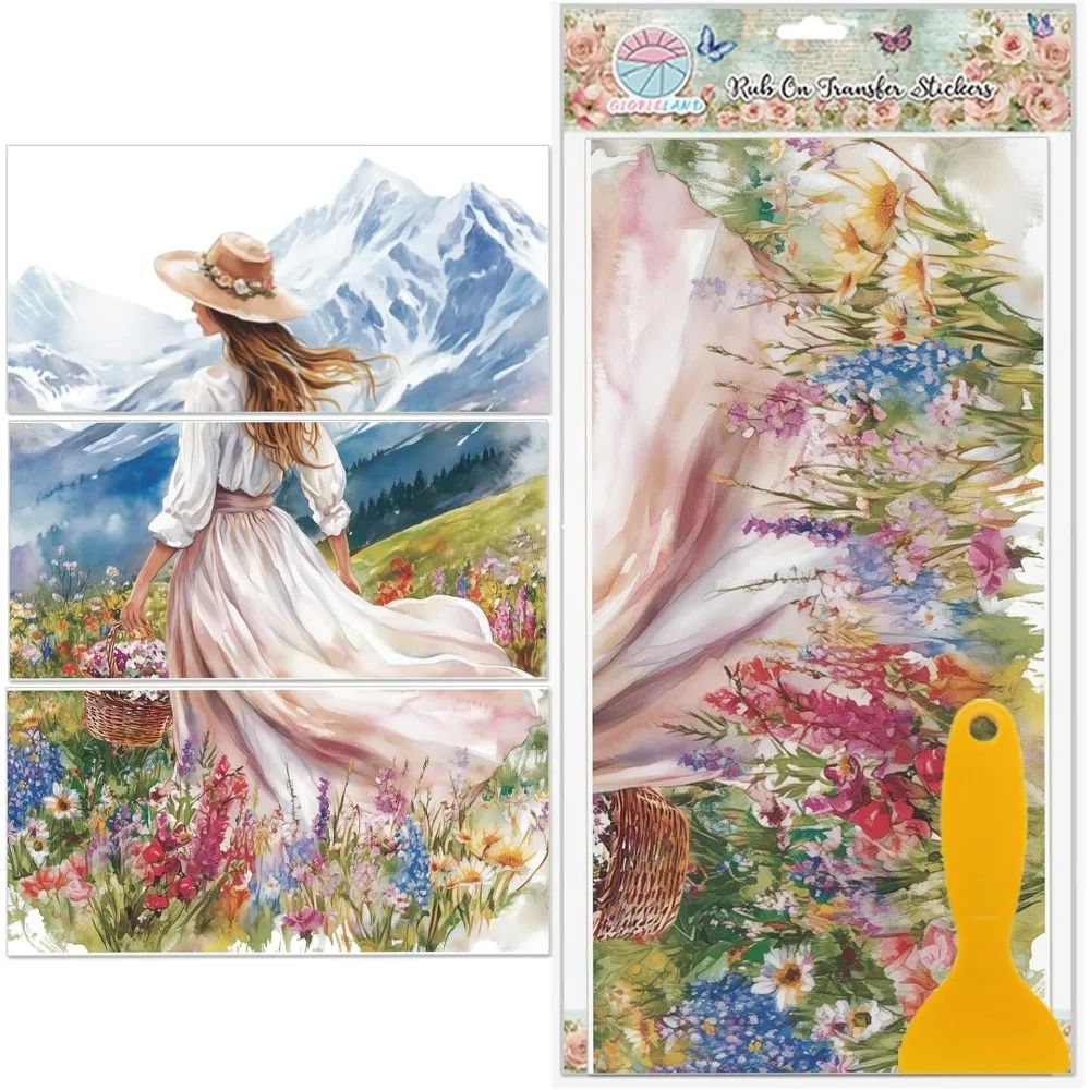3 Blatt Wildblumen Lady Furniture Transfer 11,8 x 5,9 Zoll Flower Mountain Woman Rub on Transfer UV selbstklebende Aufkleber Image