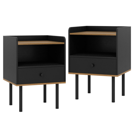 Costway Nightstand with Drawer 3-Tier Sofa Side Table with Open Storage Shelf Set of 2-Black