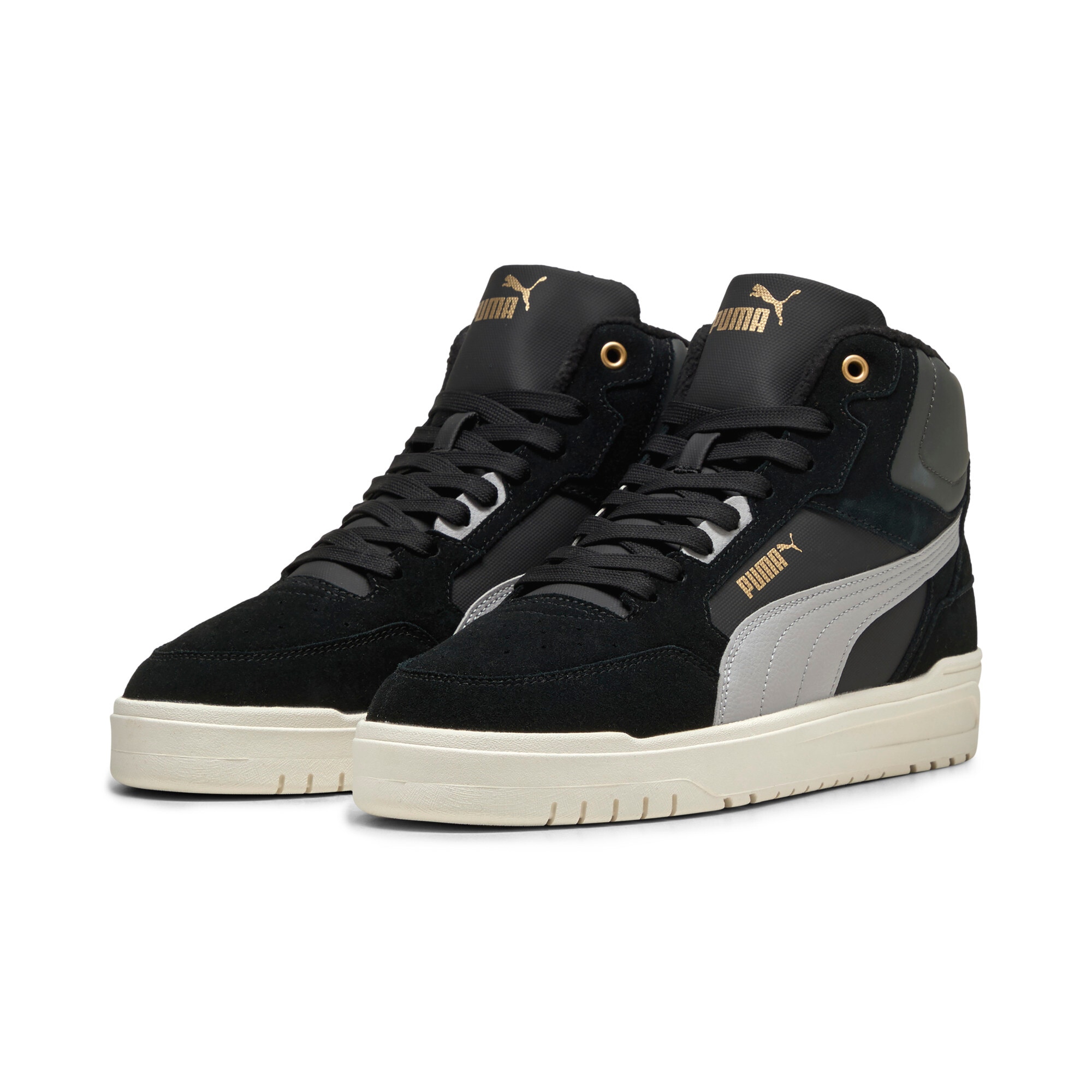 Sneaker PUMA "SHUFFLE DOWNTOWN MID WTR", Damen, Gr. 46, puma schwarz, gray echo, puma gold, Leder, Schuhe Sneaker, Winterschuhe, Sneakerboots, gefüttert