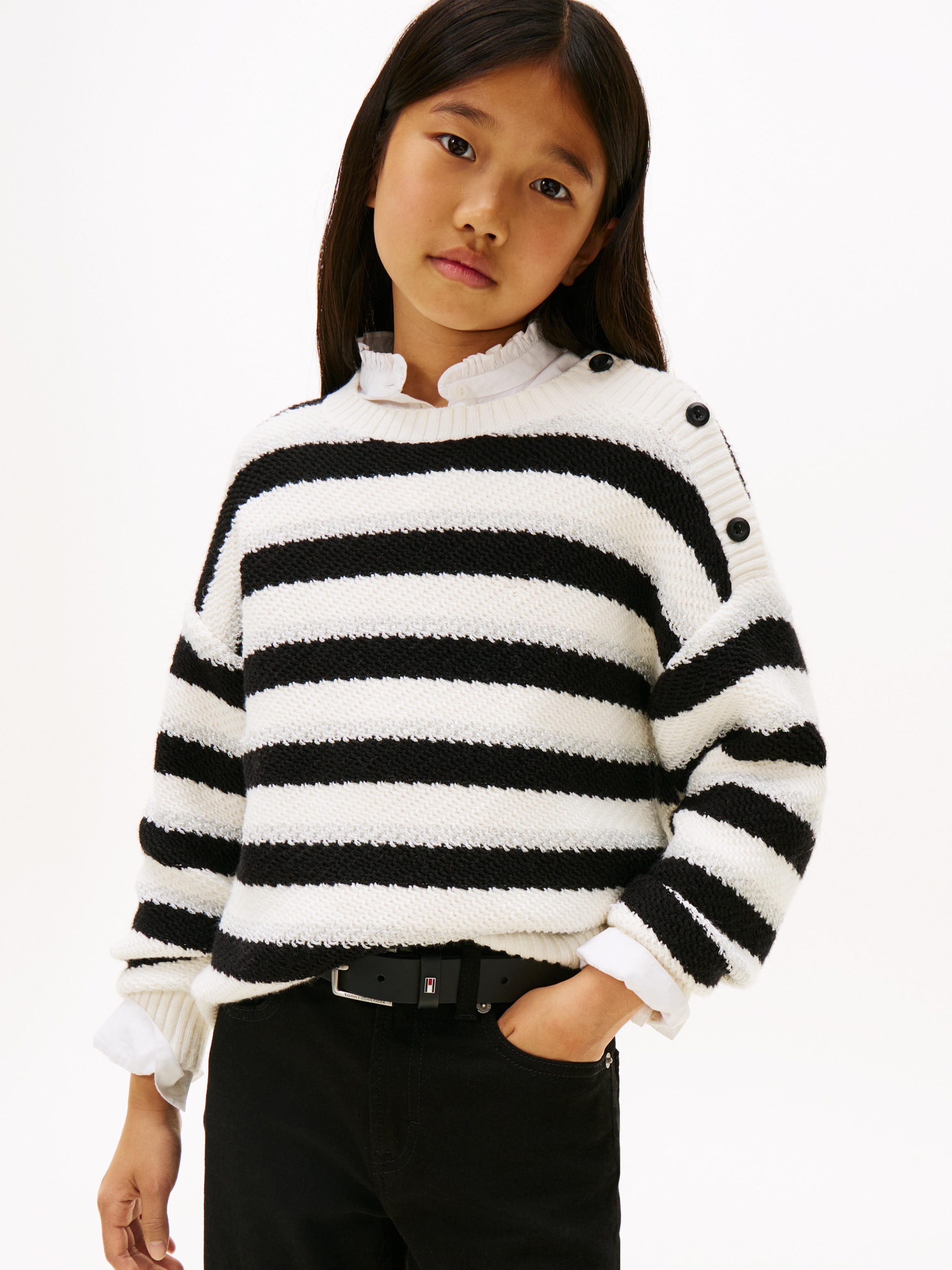 Strickpullover TOMMY HILFIGER "LUREX STRIPE SWEATER", Mädchen, Gr. 12 (152), ivory silk, Strick, Obermaterial: 58% Baumwolle, 39% Polyamid, 2% Polyester, 1% metallisierte Fasern, gemustert, gestreift, mehrfarbig, regular fit normal, Rundhals, Ärmel... Image