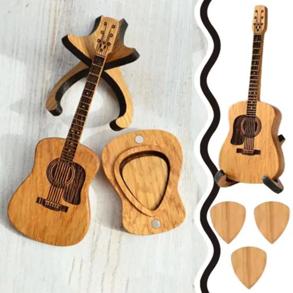 Gitarren-Pick-Box aus Holz mit Ständer, Mini-Gitarren-Pick-Halter, neuer Gitarren-Pick-Halter aus Holz, einzigartige gravierte Gitarren-Dekoration
