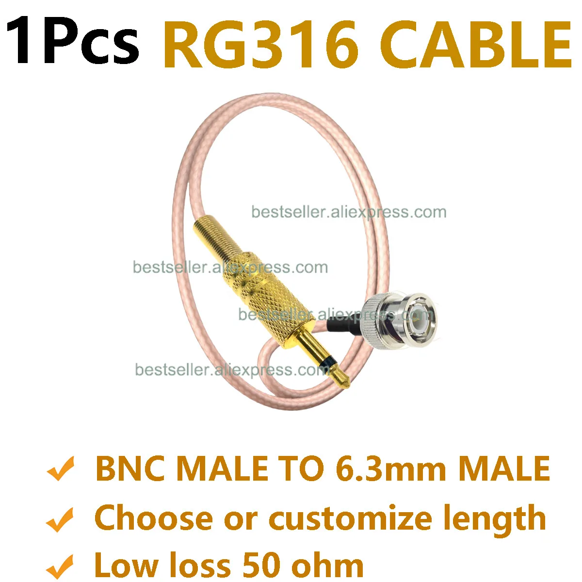 BNC-Stecker auf 6,3 mm (1/4 Zoll) TS-Stecker 50 Ohm RG316 Koax-HF-Jumper-Pigtail-Kabel mit geringem Verlust, Audio-Video-Antennen-Anschlusskabel Image