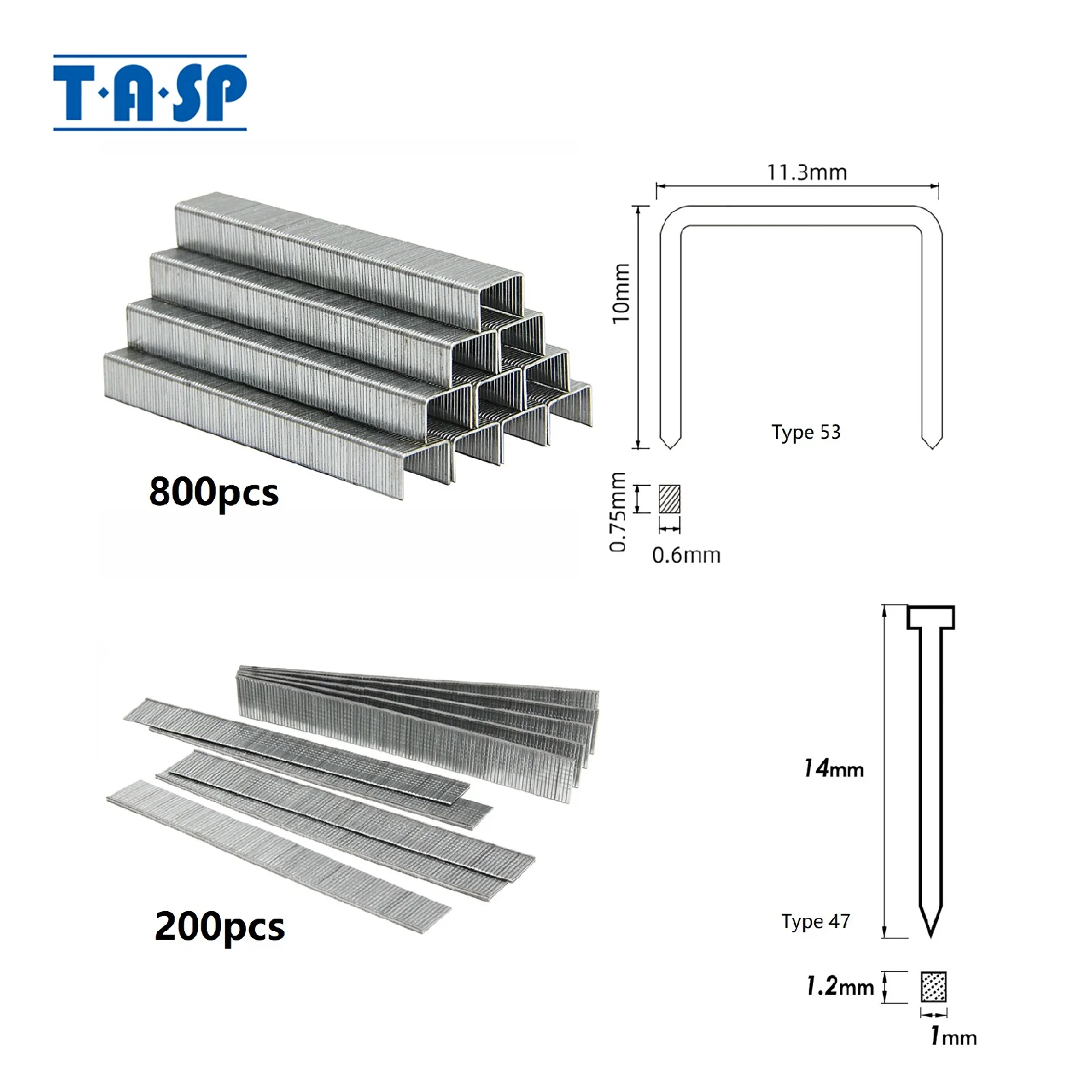 TASP 1000 Stück Heftklammern und Nägel, 10 mm Typ 53 800 Stück, 14 mm Typ 47 200 Stück für elektrische Hefter-Nagelpistole MESG45 Akku-Tacker Image