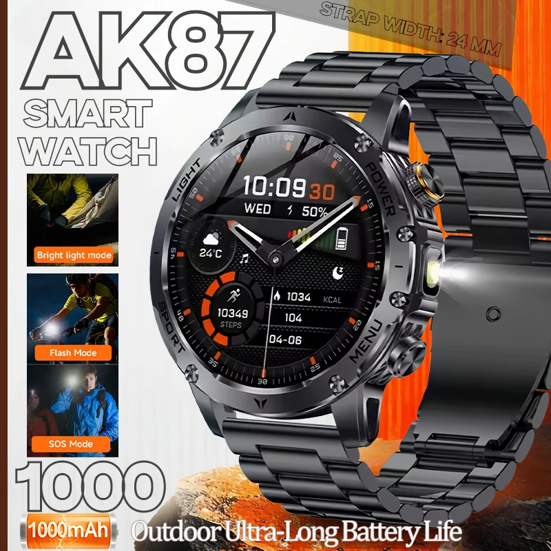 2025 AK87 Herren-Militär-Smartwatch, 1,7-Zoll-HD-Display, 1000 mAh, großer Akku mit LED-Taschenlampe, über 100 Übungsmodi, Sprachanruf Image