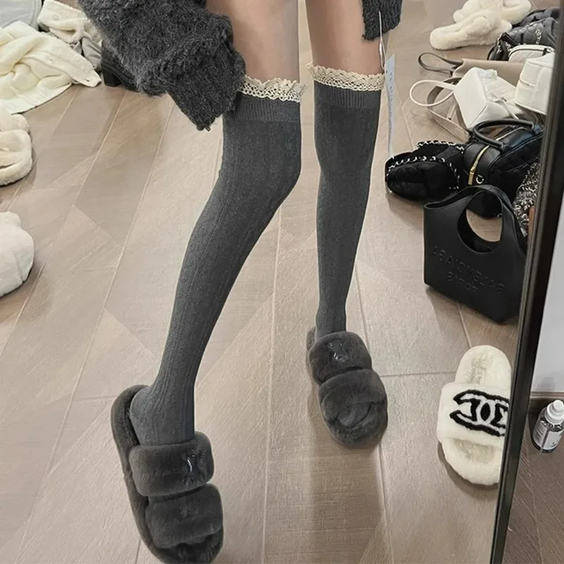 Lolita Lace Up Long Knee Socks for Women Over Knee Thigh High Stockings Spring Autumn Fashion lady Warm Sexy Cotton JK Tights
