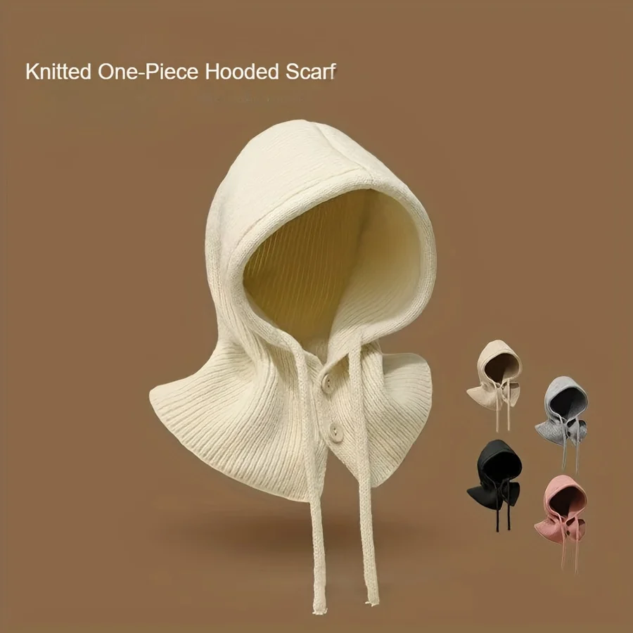 Winter-Skimaske mit warmem Schal, Kapuzen-Sturmhaube, Pullover, gestrickte Beanie-Mütze, dicker Kordelzug, gestrickte Sturmhauben, Skimaske Image