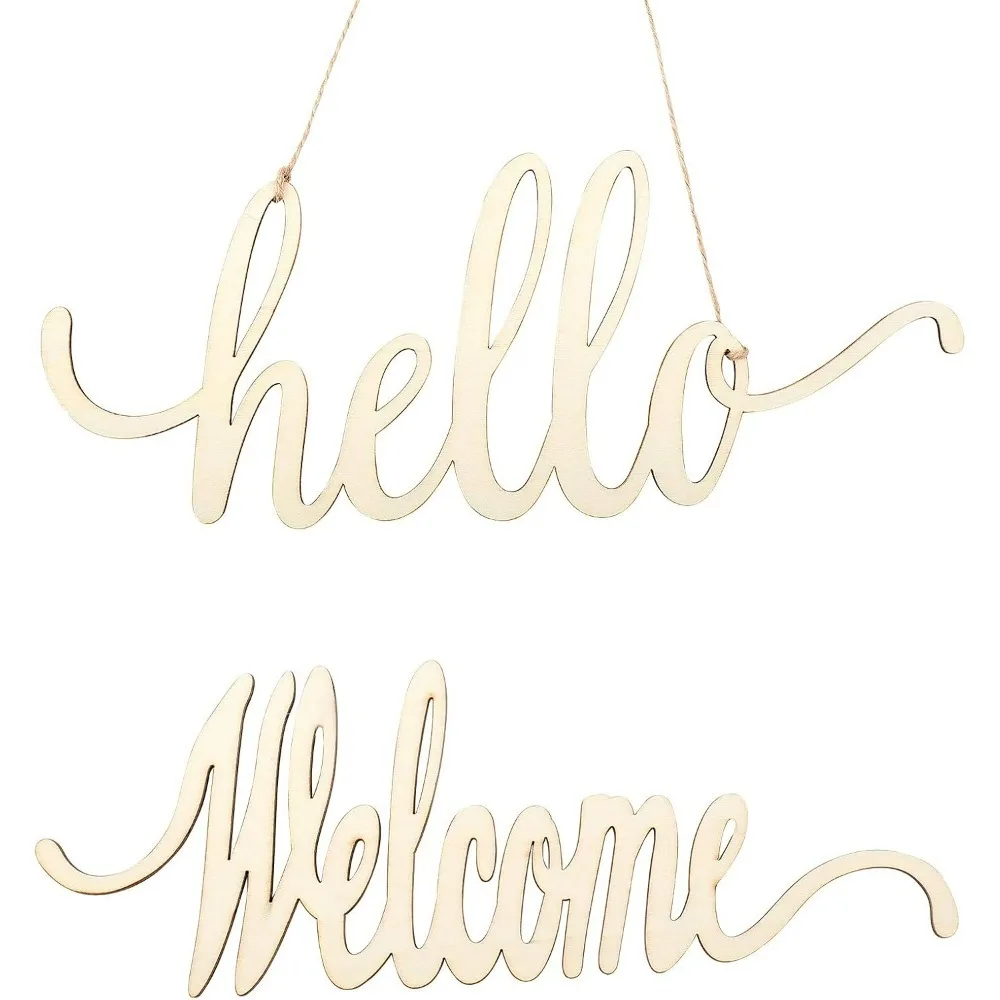 3er-Set „Hello Welcome“-Holzschild mit Ausschnitt, Buchstabenschild aus Holz mit Seil für Hochzeit, Jahrestag, Verlobung, Heimdekoration Image