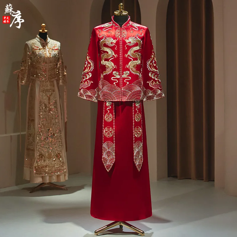 Chinesischen Stil Männer Kostüm Vintage Lange Robe Kleid Drachen Stickerei Hochzeit Bräutigam Orientalischen Qipao Toast Kleidung Image