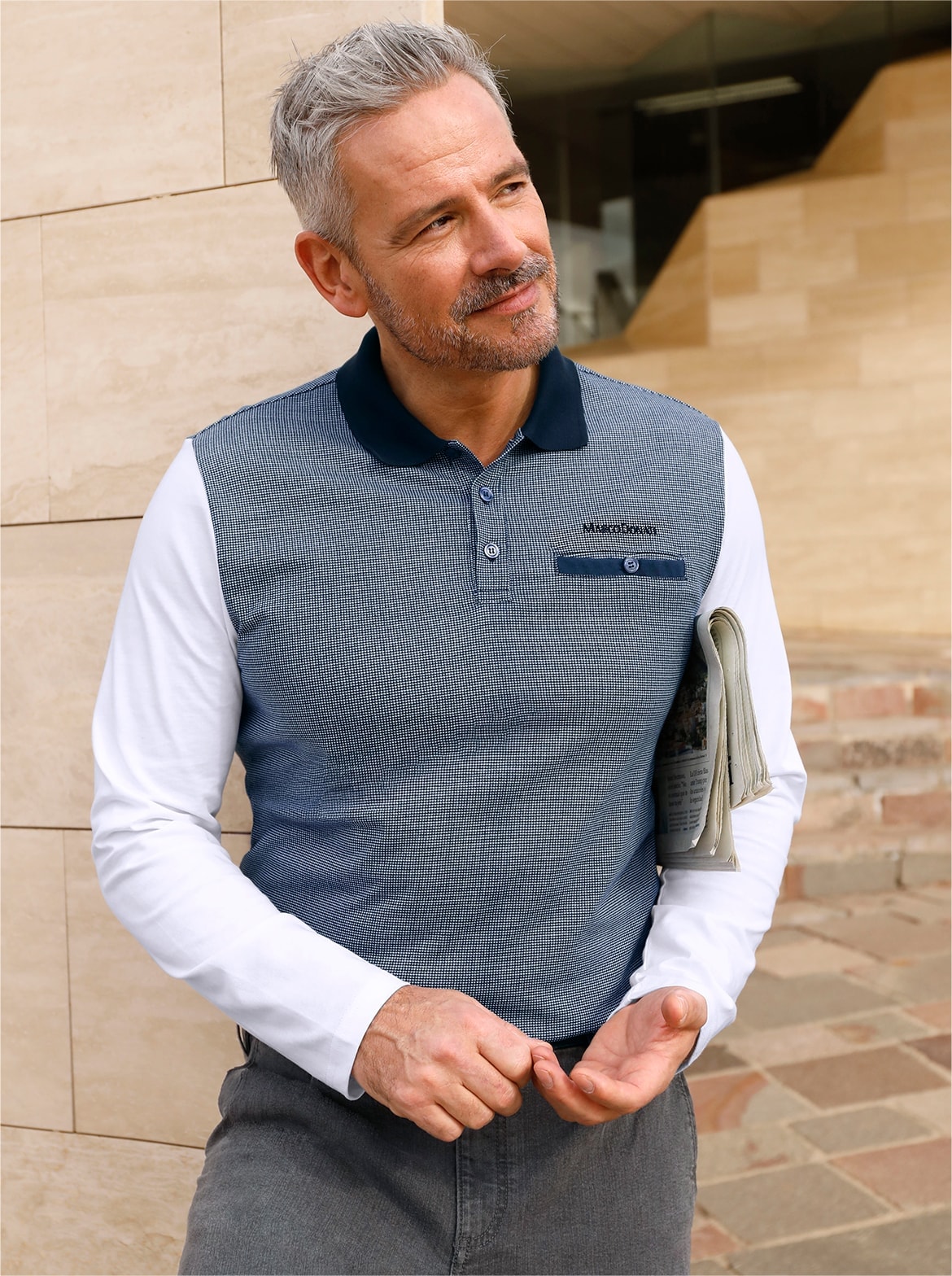 Poloshirt MARCO DONATI "Langarm-Poloshirt", Herren, Gr. 64/66, blau (marine, bedruckt), 100% Baumwolle, bedruckt, gemustert, unifarben, Shirts Image