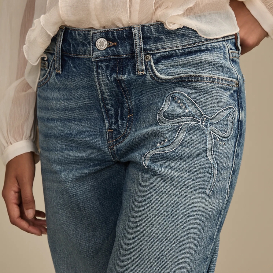 Lucky Brand Lucky Legend Embellished Bow Baggy - Women's Jeans Denim Pants in Bow Down Wash, Size 27 x 31