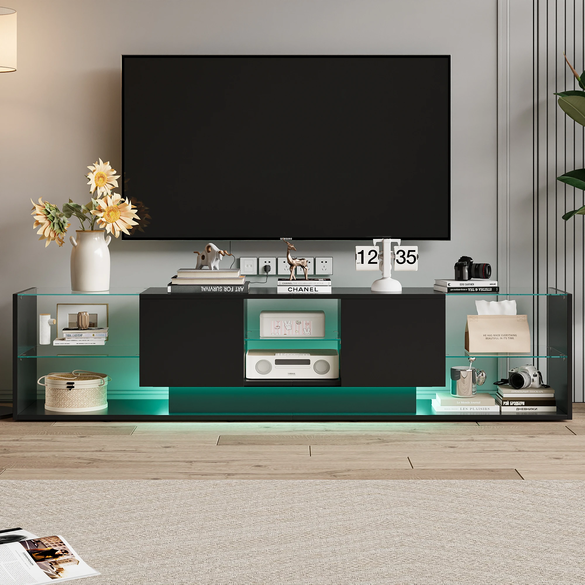 Anajqaqia Meuble TV moderne 200 × 35 × 45 cm, meuble TV, meuble TV Lowboard avec étagères en verre brillant et éclairage LED, noir