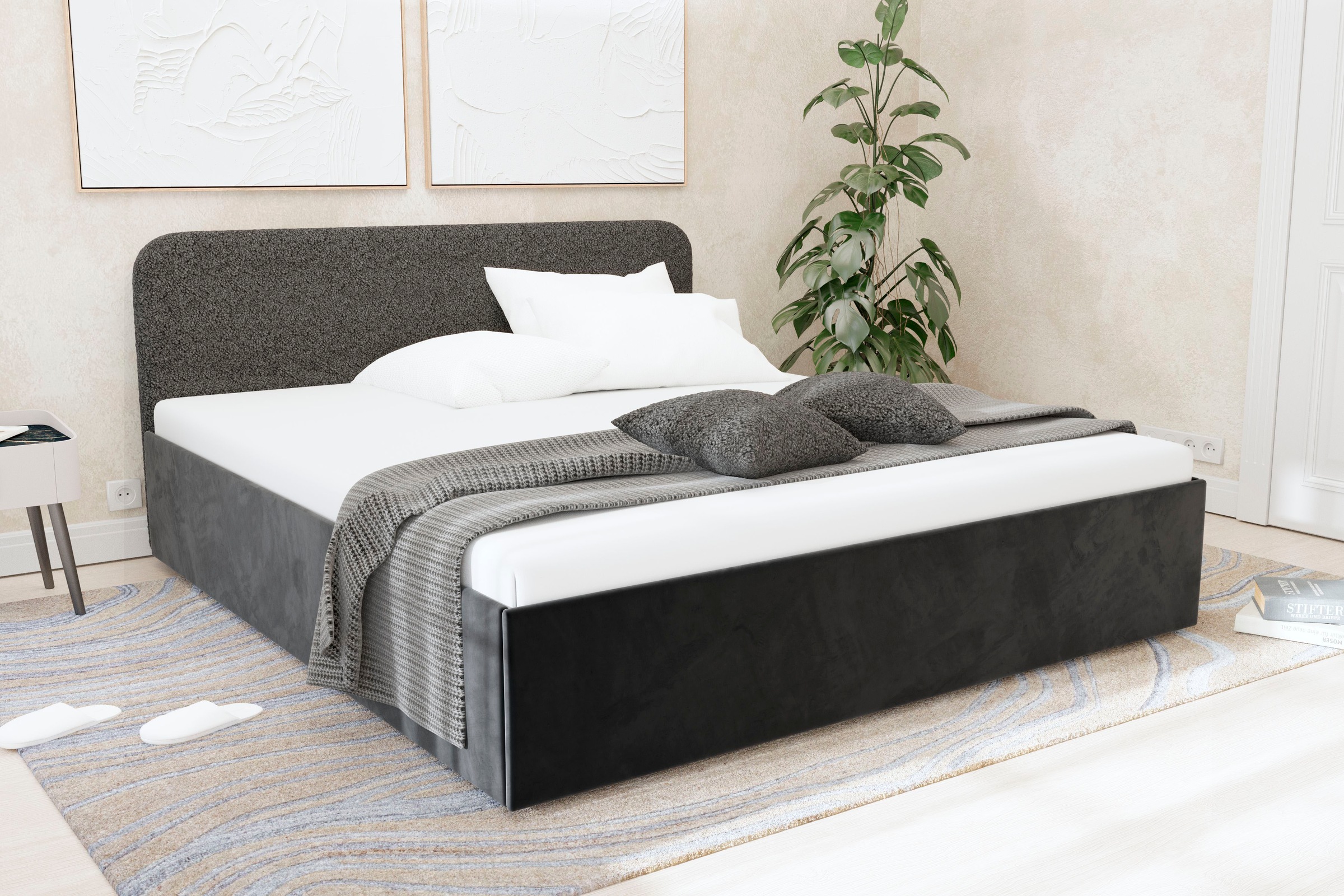 Polsterbett "Shawn", grau (anthrazit), L:210cm, Bezug Kopfteil: Teddy-Stoff: 100% Polyester, Bezug Bettgestell: Microvelours 100% Polyester, Polsterung: Polsterwatte, Material Gestell: gepolsterter Holzwerkstoff, WESTFALIA SCHLAFKOMFORT, Betten,... Image