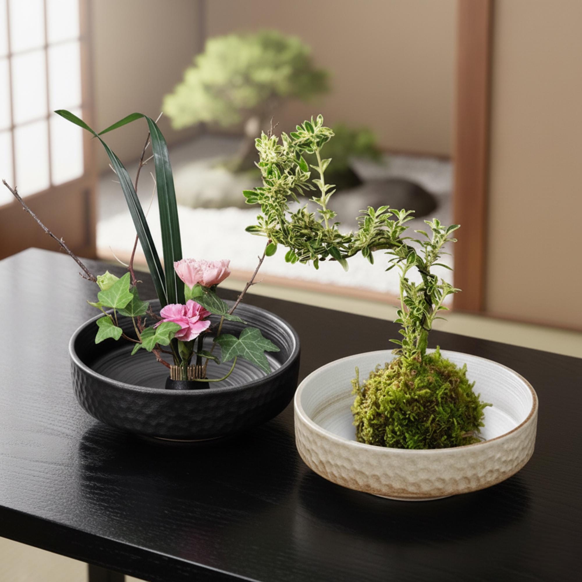 Vaso Ikebana in ceramica: ciotola giapponese con composizione floreale in bianco e nero e rana Kenzan opzionale, vaso Ikebana Sogetsu per decorazioni