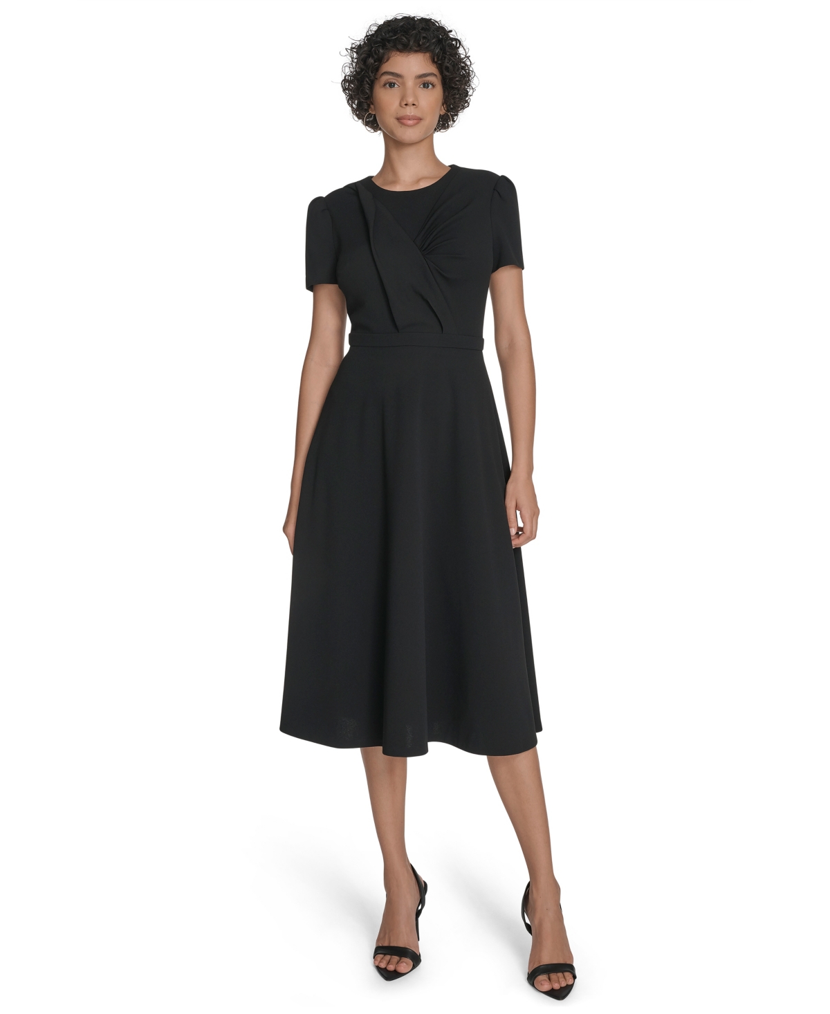 Calvin Klein Women's Short Sleeve Ruched Midi Dress - Black