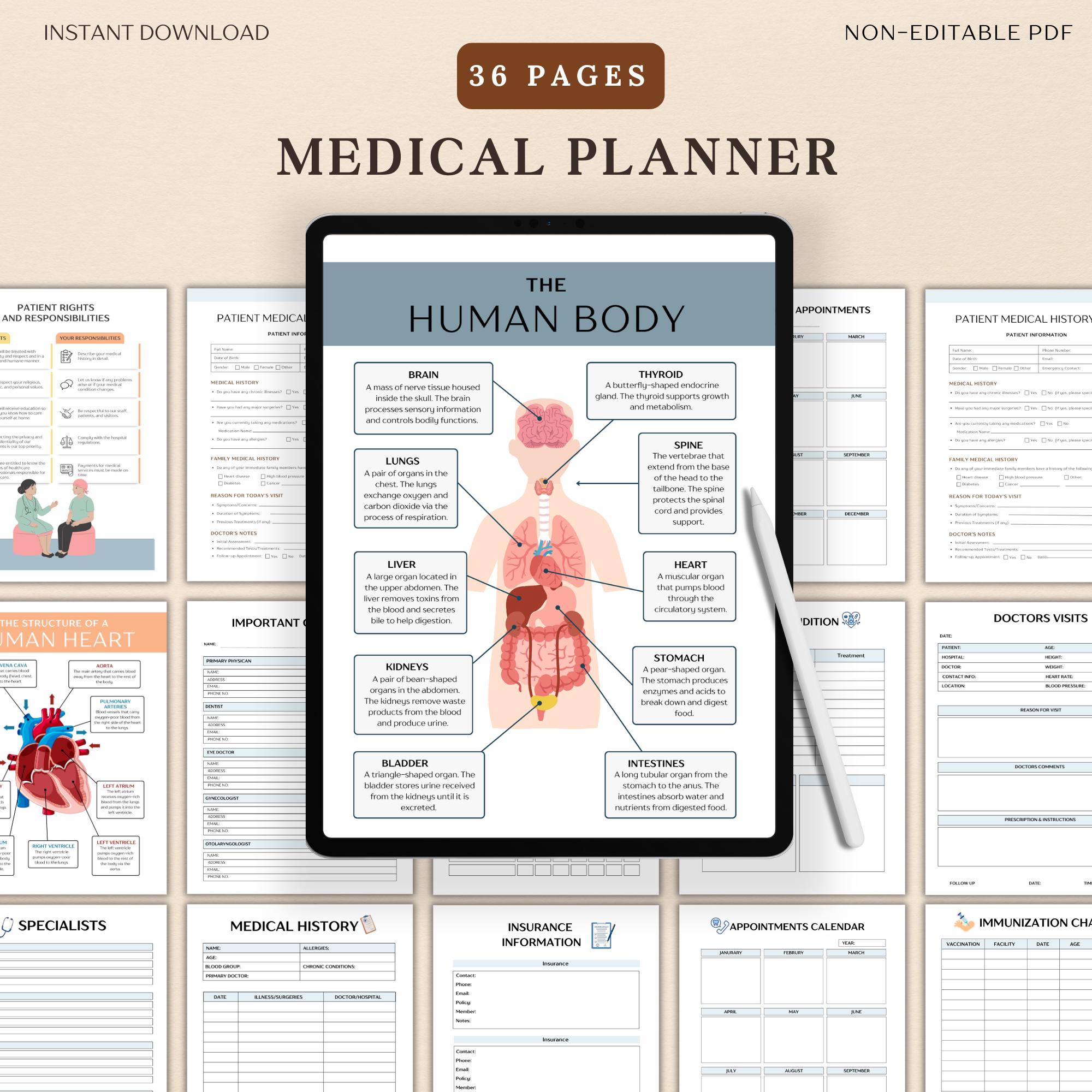 Planner medico stampabile, raccoglitore medico, pianificatore sanitario, registro farmaci e sintomi, note visite mediche, registro pressione sanguigna