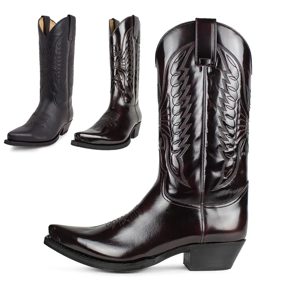 Herren Western Cowboy Stiefel bestickt hohe Stiefel Retro spitze Zehen Plattform Lederschuhe Slip on Plus Size Herren Mittelkalb Stiefel
