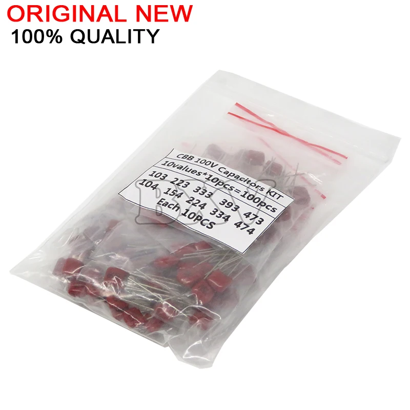 100 Stück = 10 Werte * 10 Stück metallisierte Polyesterfolienkondensatoren CBB-Sortimentskit 100 V 10 nF ~ 470 nF Image