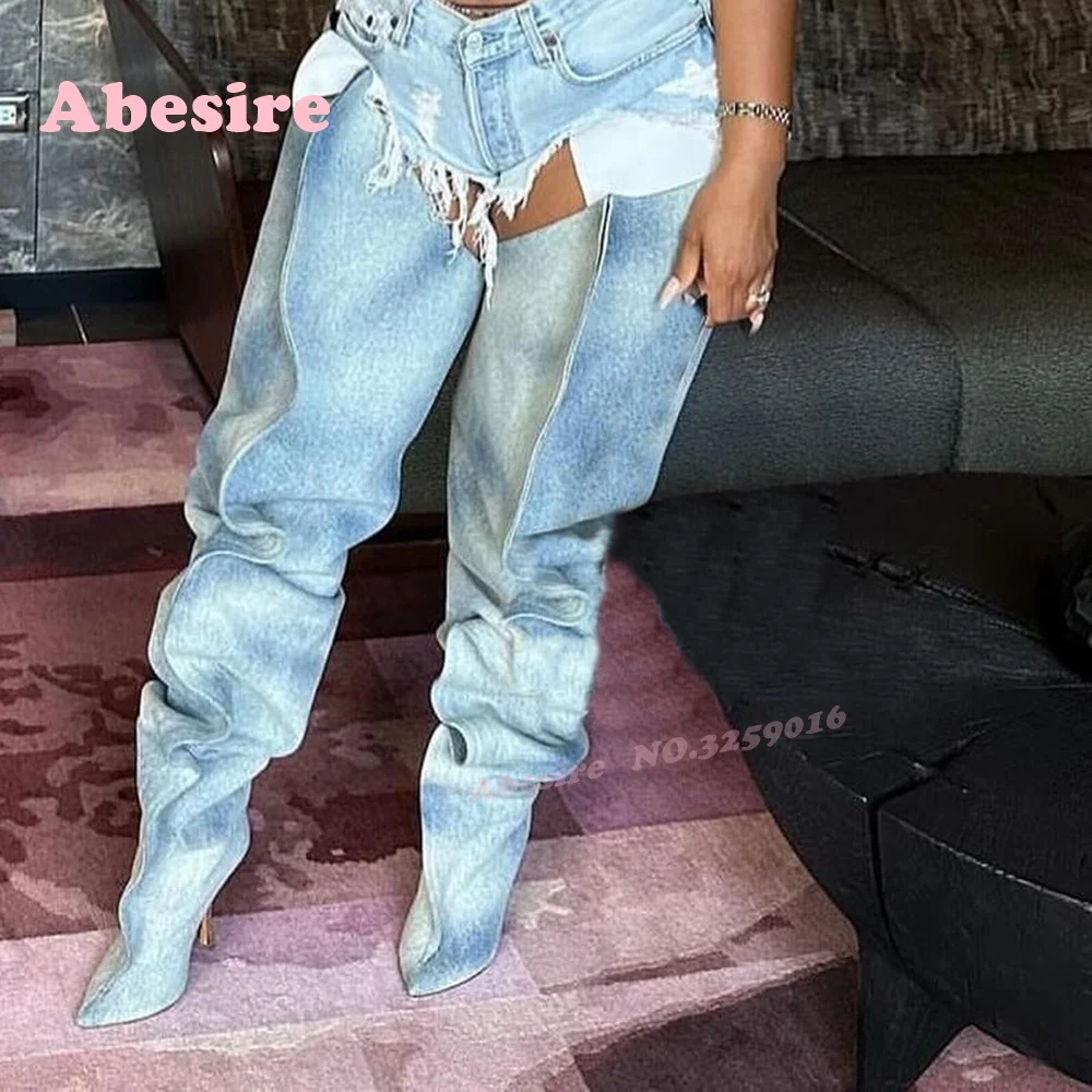 Denim Plissee Spitze Zehen Lange Stiefel Stiletto Heels Slip On Overknee Stiefel Winter Patchwork Casual 2025, Oberschenkelhohe Schuhe