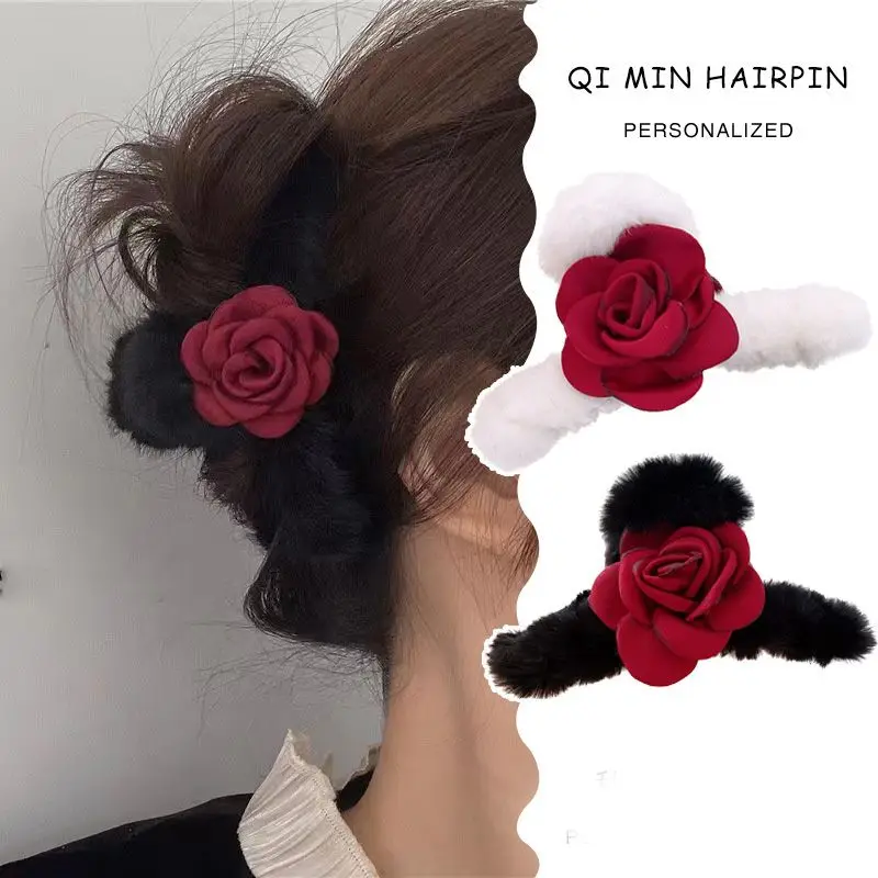 1 Stück Herbst und Winter Rose Plüsch Griff und Clip Stil Eleganter französischer Hai Clip Haarschmuck Image