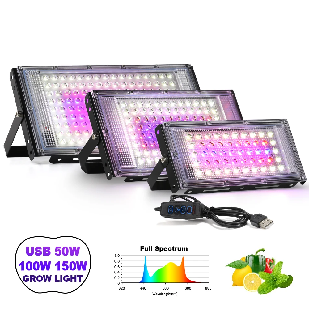 Vollspektrum-LED-Wachstumslichter, Flutlicht, USB, 5 V, 50 W, 100 W, 150 W, IP65, wasserdichte Pflanzenlampen, Hydrokultur-Hilfs-LED-Flutlicht