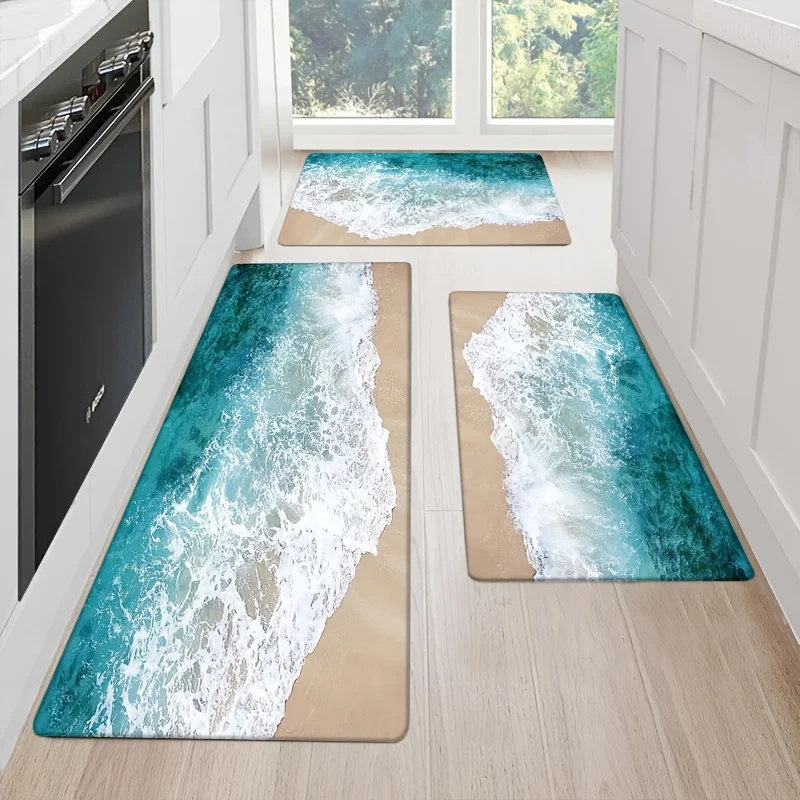 Blue Beach Wave Kitchen Mat Decor Hallway Balcony Laundry Room Non-slip Floor Mat Bathroom Foot Pad Carpet for Living Room Decor