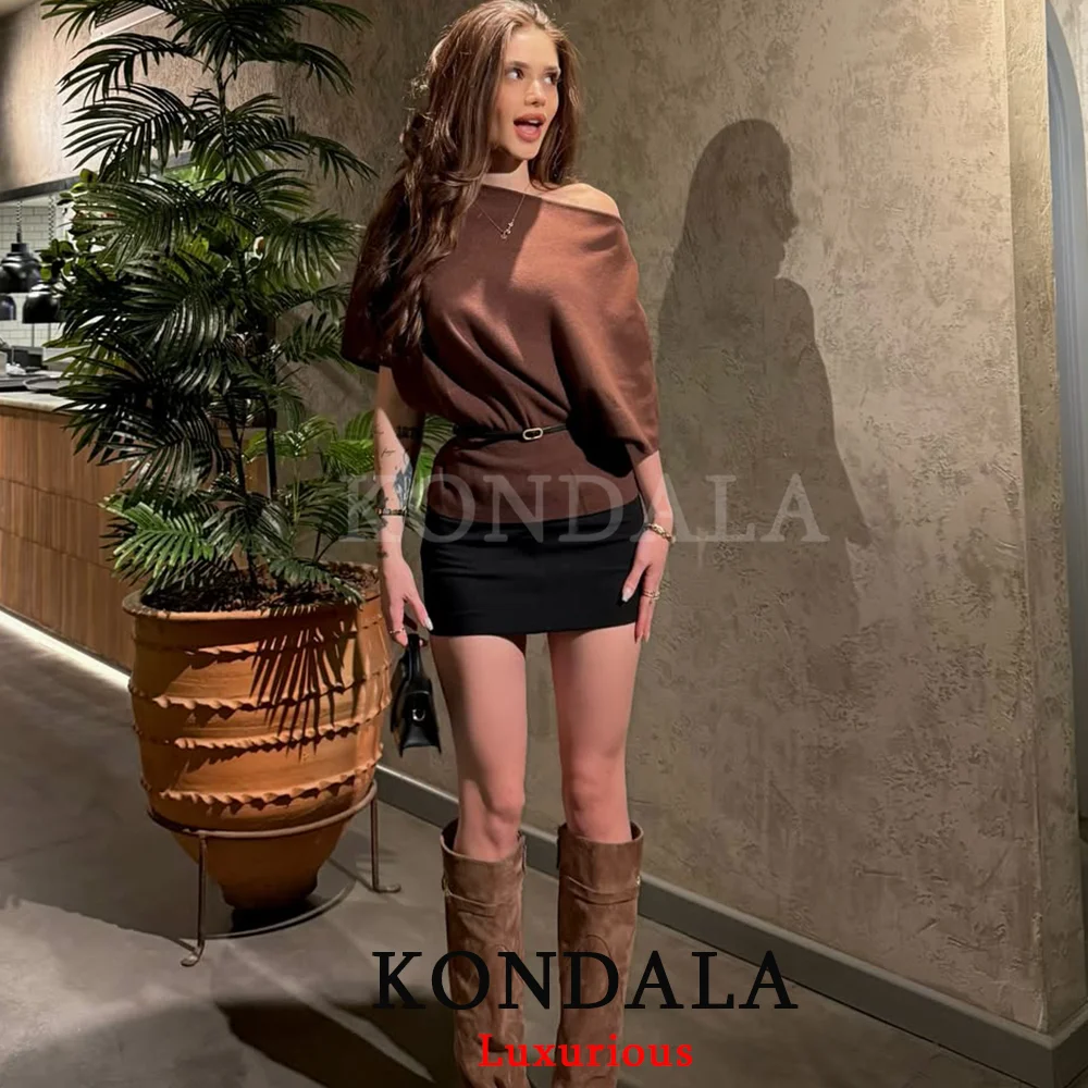 KONDALA Vintage Chic Braun Stricken Tops O Hals Kurzarm Gürtel Lose Tops Frauen Mode 2025, Herbst Casual Büro Dame Tops