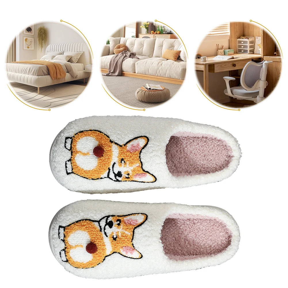 Plüsch-Hundehausschuhe, flauschige Hausschuhe, rutschfeste Hausschuhe mit geschlossener Zehenpartie, bequeme, lustige Corgi-Hundehausschuhe für Schlafzimmer im Innenbereich Image
