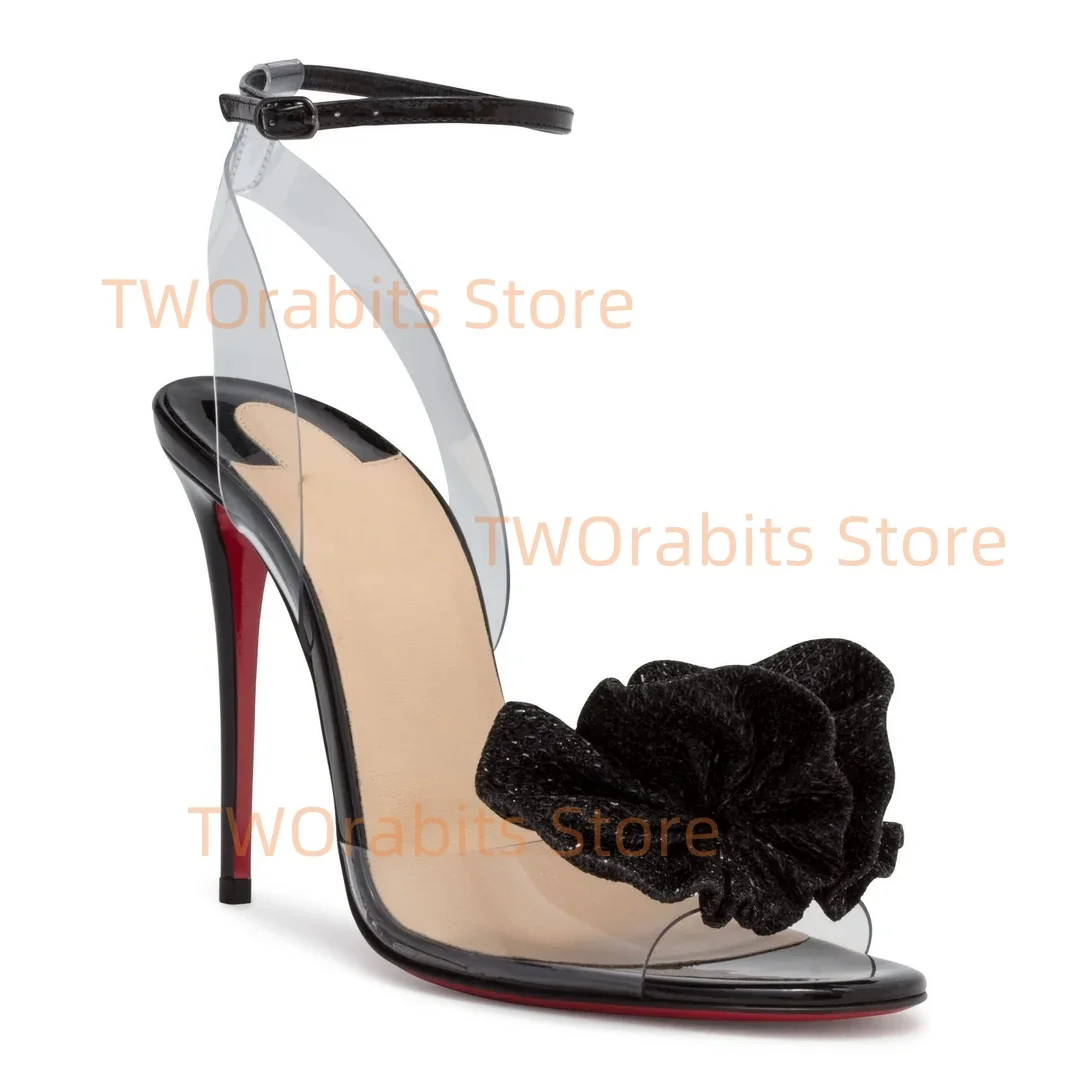 3D Rose Sandalen Dünne Ferse PVC Alias De Mujer Designer Neue in Frauen Schuhe Maultiere Schnalle Sandales Platten Slingback