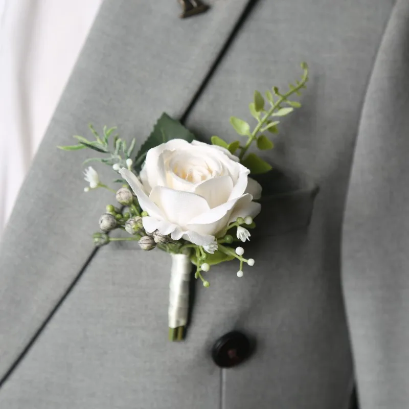 Elegante Bräutigam-Boutonniere-Blumen für Mensuit, künstliche Rosen, Handgelenk-Corsage, Hochzeitsaccessoires Image