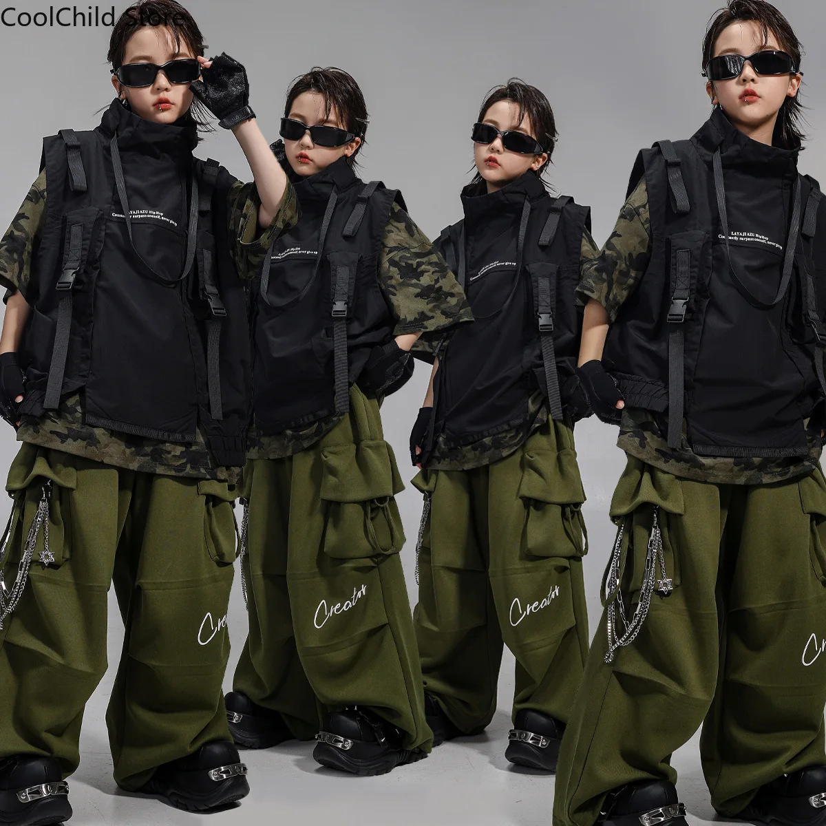 Jungen Hip Hop Hohe Kragen Weste Camouflage T-shirt Cargo Hosen Mädchen K-pop Kleidung Set Kind Jazz Kostüm Kinder militär Streetwear