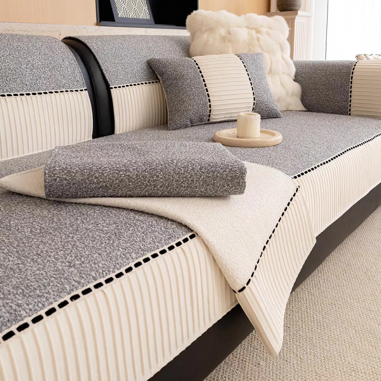 1 Stück garngefärbte Textur Chenille-Sofabezug, mit festem Faltensaum, für Wohnzimmer, Couch, Sitzbezug, Sofa, Handtuch, alle Jahreszeiten, Dekor
