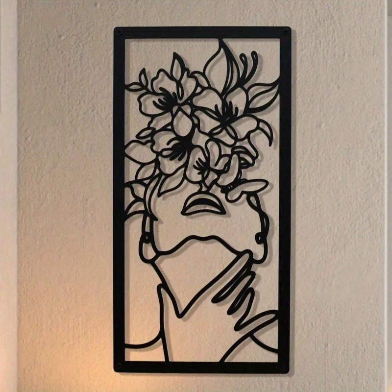 1 x Traumblumen-Wandskulptur aus Metall | Feminine Linienkunst, Metall-Leinwand-Mischung, Halloween- und Weihnachtsgeschenk, Heimdekoration Image