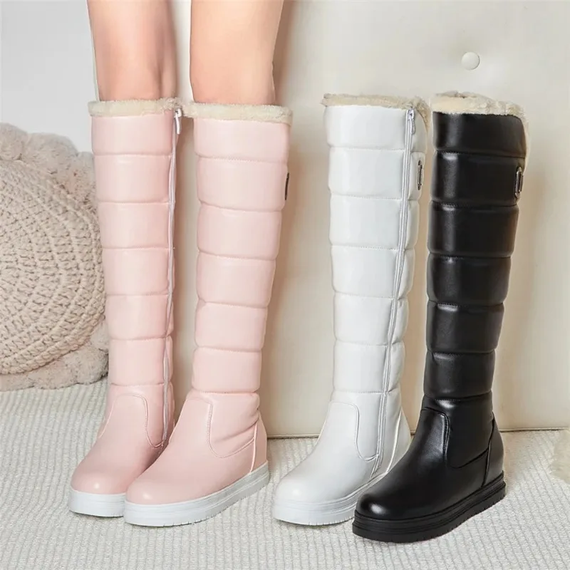 Winter Warm Rosa Weiß Schnee Stiefel Frauen Schuhe 2025, Low Heels Kniehohe Stiefel Weibliche Plattform Plüsch Lange Boote Mujer Schwarz 34-43