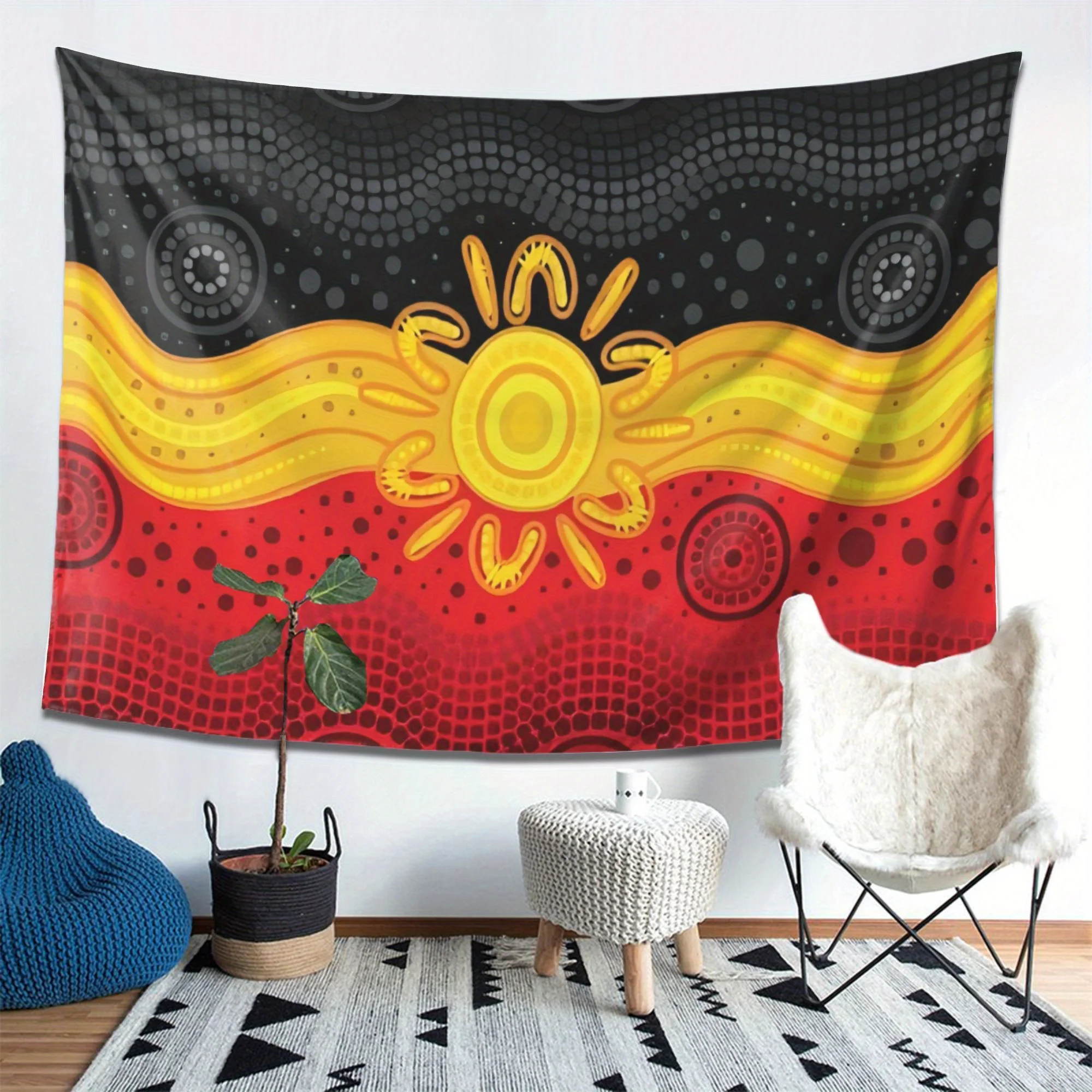 Wandteppich im indigenen Flaggen-Design – lebendige Aborigine-Kunst-Wandbehang mit Sonnenmotiv und Stammesmustern, horizontales Dekor Image