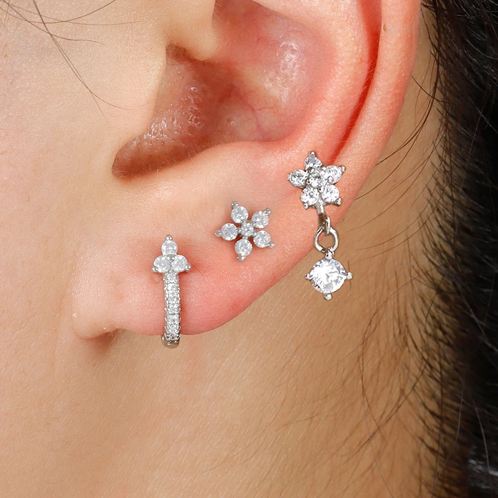 3PCS Creolen Set Für Frauen 18K Gold Überzogene Einfache Zirkon Blume Edelstahl Stud Ohrring Knorpel Piercing schmuck Image