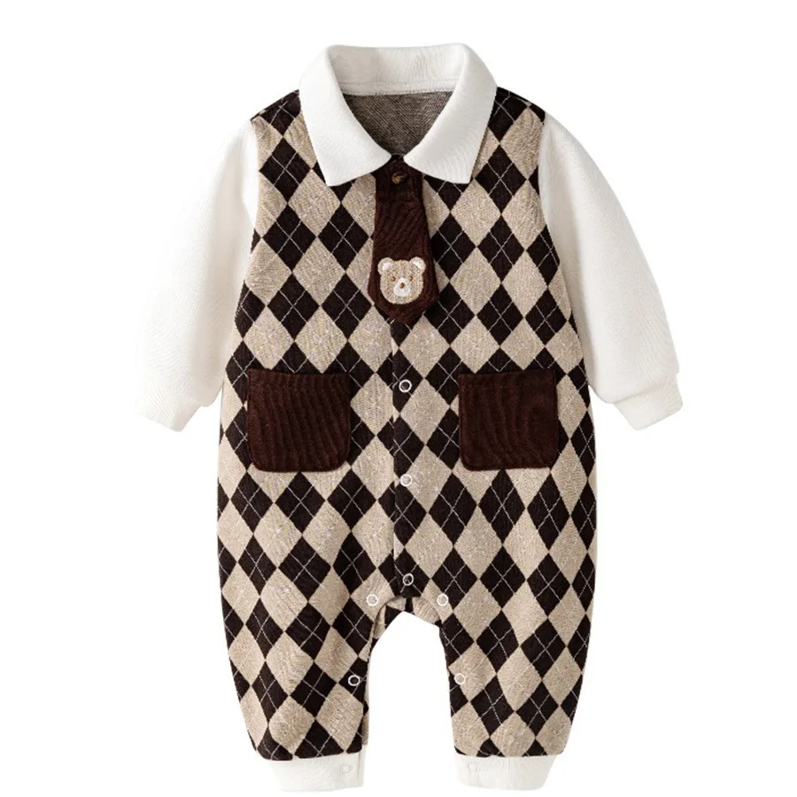 Somenie Baby-Jungen-Strampler mit langen Ärmeln, Babe, klassischer britischer karierter Overall für Kleinkinder, stilvoller karierter Einteiler mit Druckknopfverschluss Image