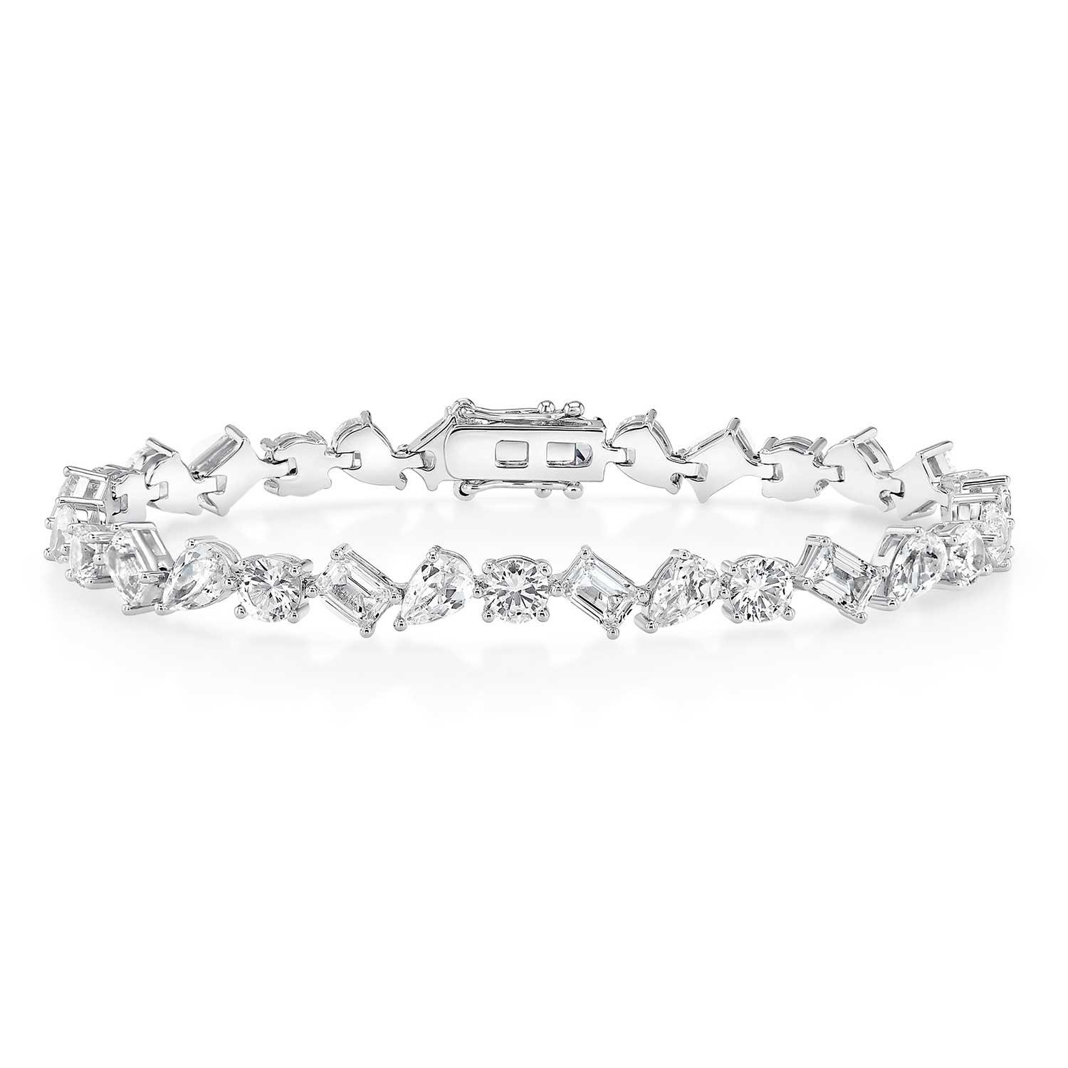 925 Sterling Lab White Sapphire Mixed Fancy Cut Tennis Bracelet- 7.5':- Mixed Fancy Cut, 7.5'