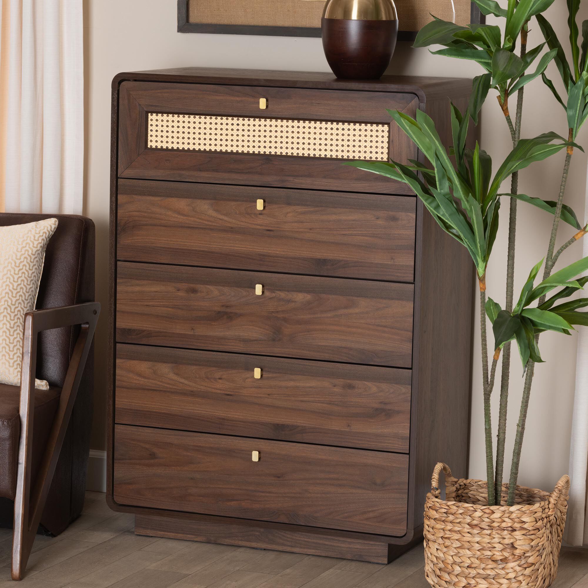 Jenibelle Classic Walnut Brown Wood 5-Drawer Chest with Rattan Drawer by Baxton Studio in Brown (Size OS)