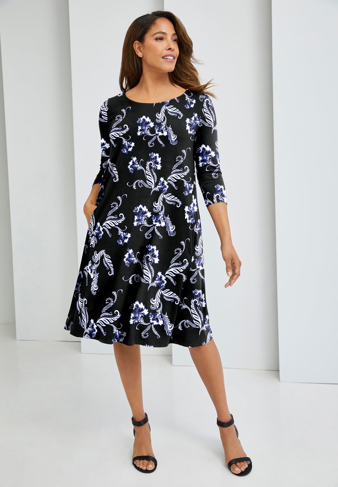 Plus Size Women's Stretch Knit Three-Quarter Sleeve T-shirt Dress by Jessica London in Blue Batik Scroll (Size 24 W)