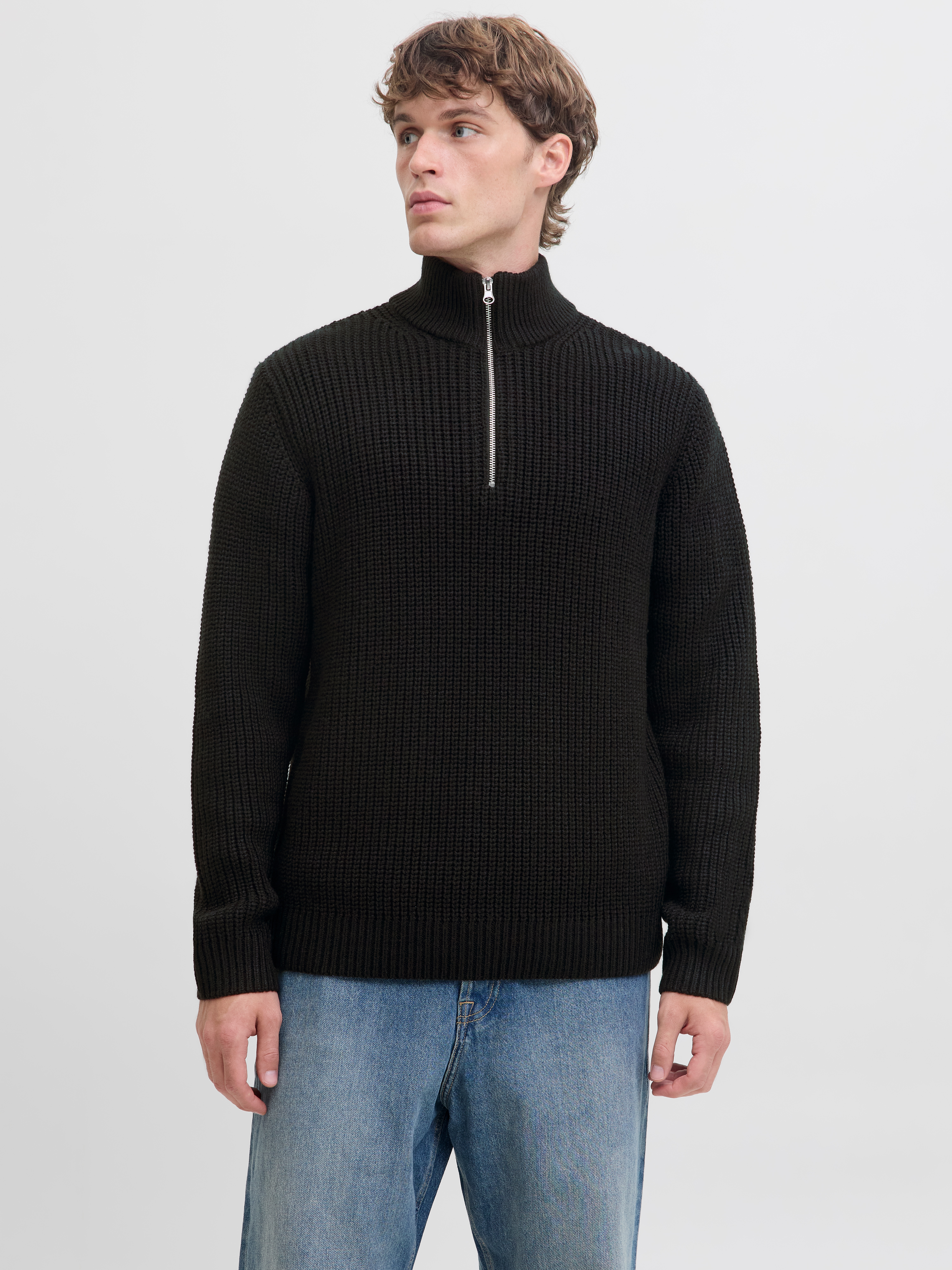 Troyer JACK & JONES "JORBLEECKER KNIT HALF ZIP BF", Herren, Gr. M, schwarz, Strick, Obermaterial: 65% Polyacryl, 35% Baumwolle, unifarben, regular fit hüftlang, hoch geschlossener Ausschnitt, Rippbündchen, Pullover Troyer